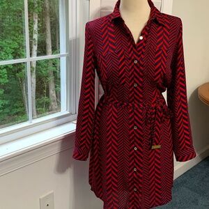 Michael Kors Red and Navy Striped Shirt Dress, Size Small